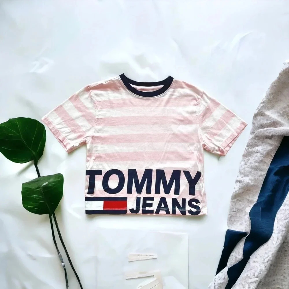 Tommy Hilfiger Cropped Striped Tee Top Shirt Pink White Stripes Shirt